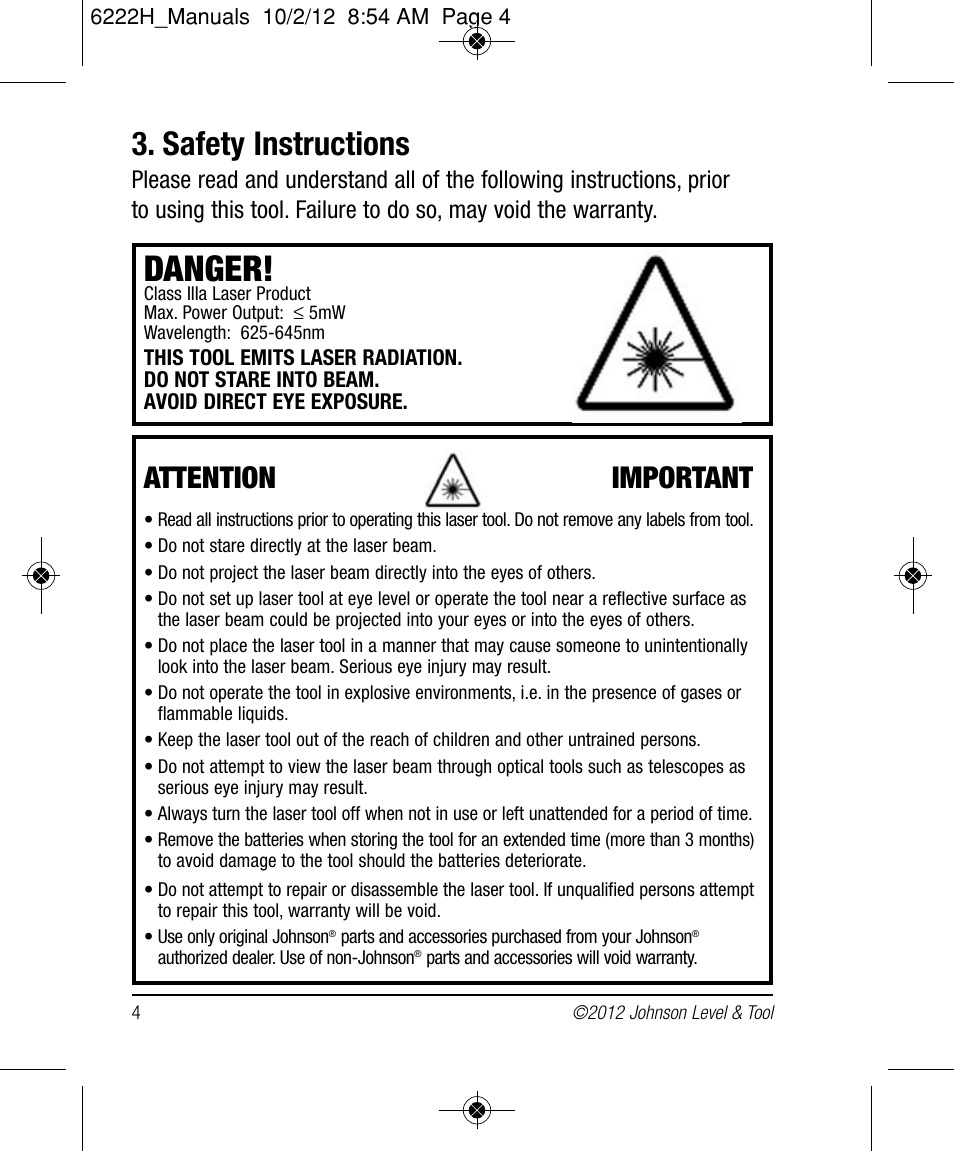 Danger, Safety instructions, Attention important | Johnson Level & Tool Mfg. 40-6683 User Manual | Page 4 / 18