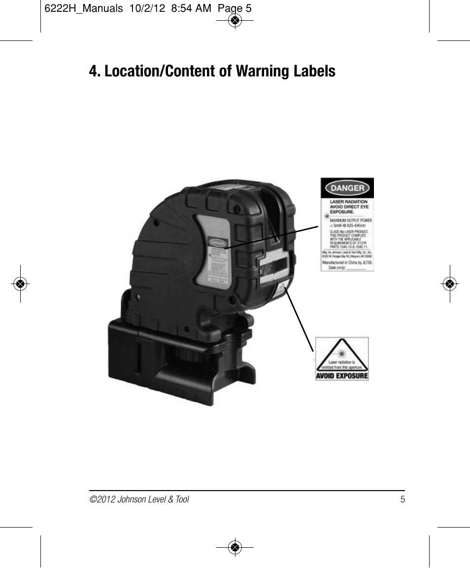 Location/content of warning labels | Johnson Level & Tool Mfg. 40-6683 User Manual | Page 5 / 18