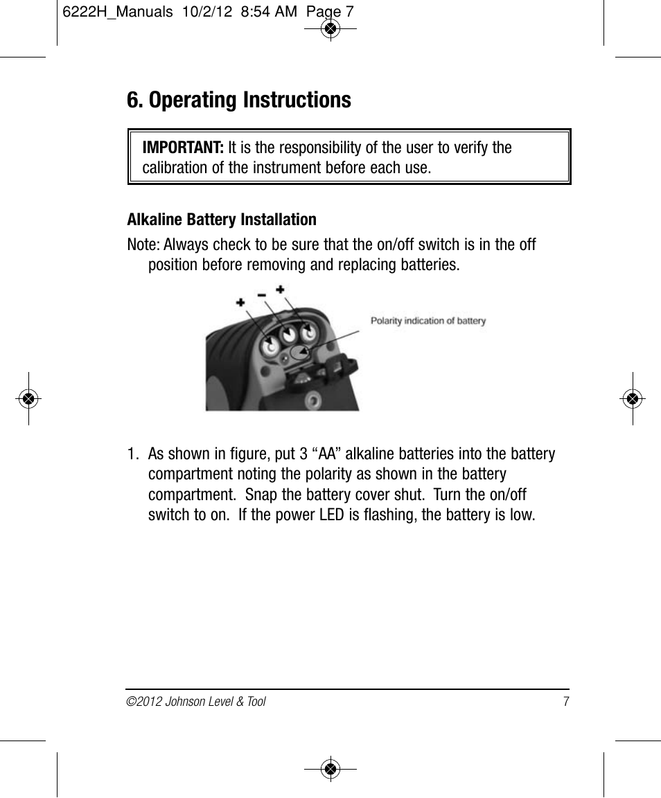 Operating instructions | Johnson Level & Tool Mfg. 40-6683 User Manual | Page 7 / 18