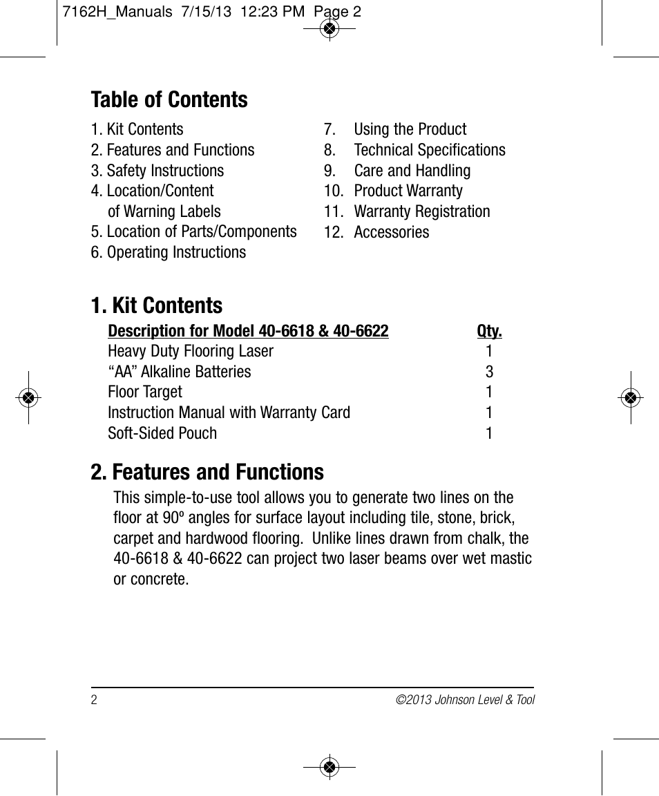 Johnson Level & Tool Mfg. 40-6622 User Manual | Page 2 / 12