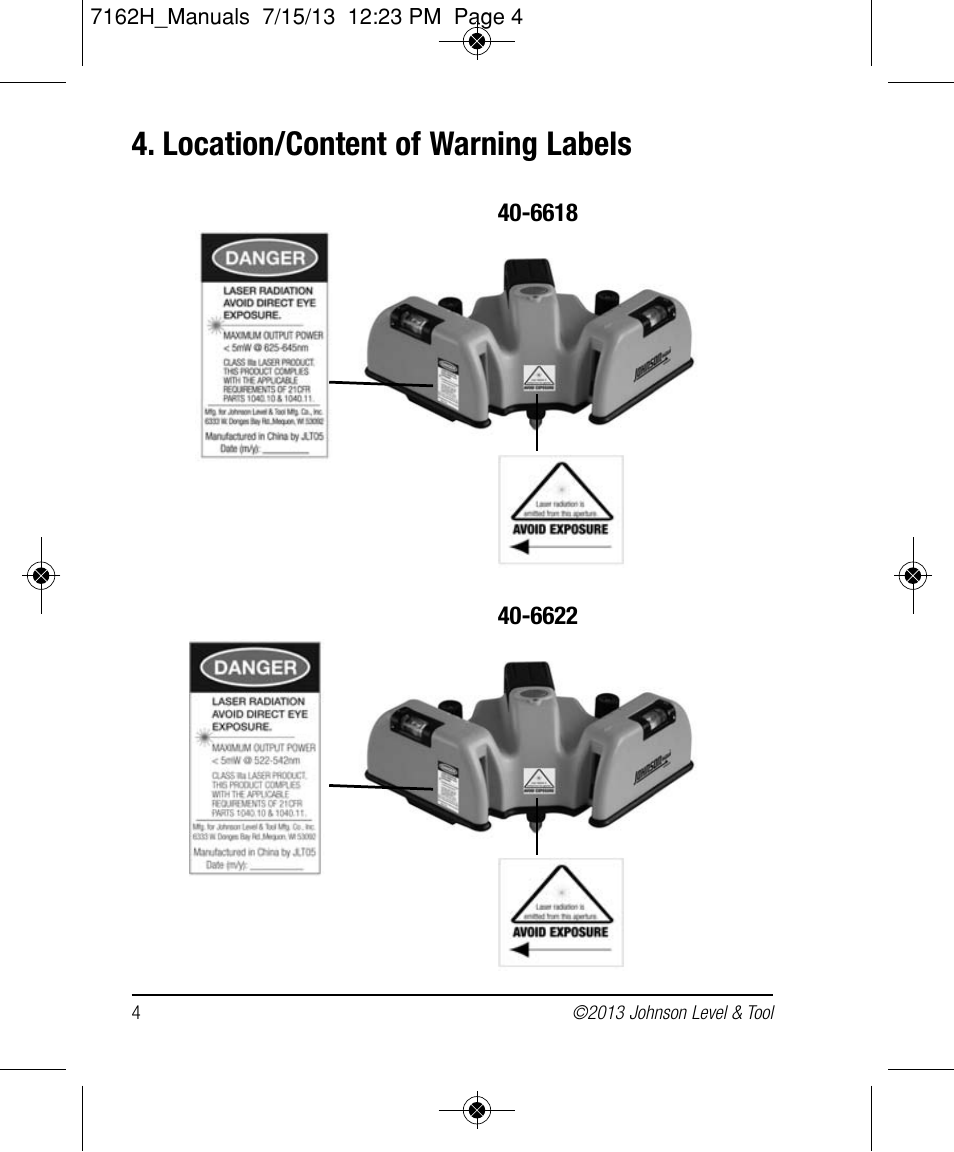 Location/content of warning labels | Johnson Level & Tool Mfg. 40-6622 User Manual | Page 4 / 12