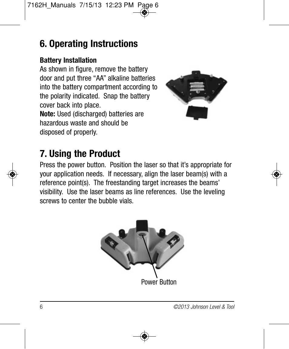 Operating instructions, Using the product | Johnson Level & Tool Mfg. 40-6622 User Manual | Page 6 / 12