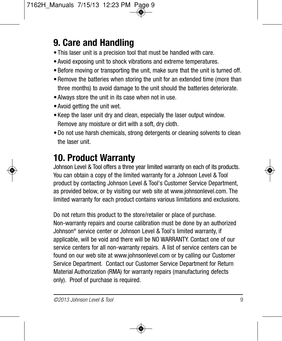 Care and handling, Product warranty | Johnson Level & Tool Mfg. 40-6622 User Manual | Page 9 / 12