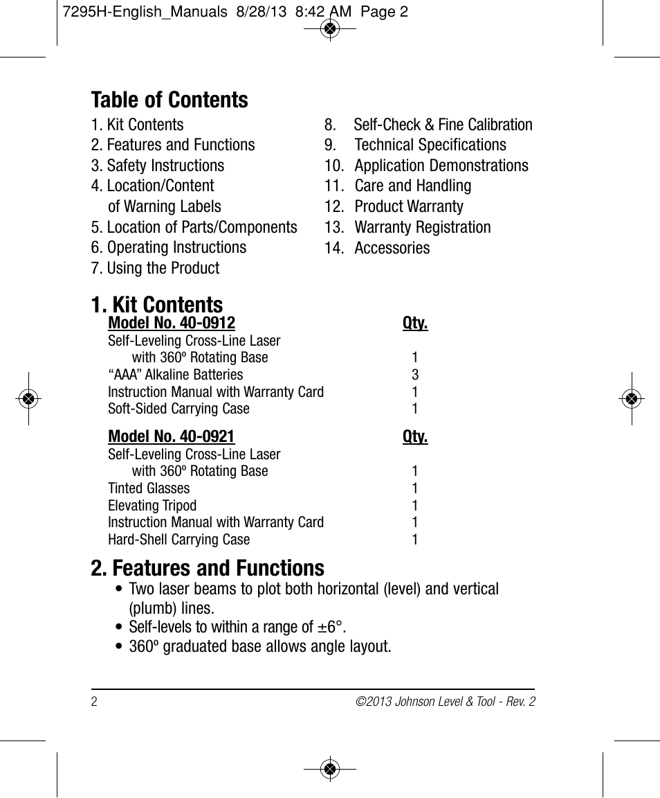 Johnson Level & Tool Mfg. 40-0921 User Manual | Page 2 / 14