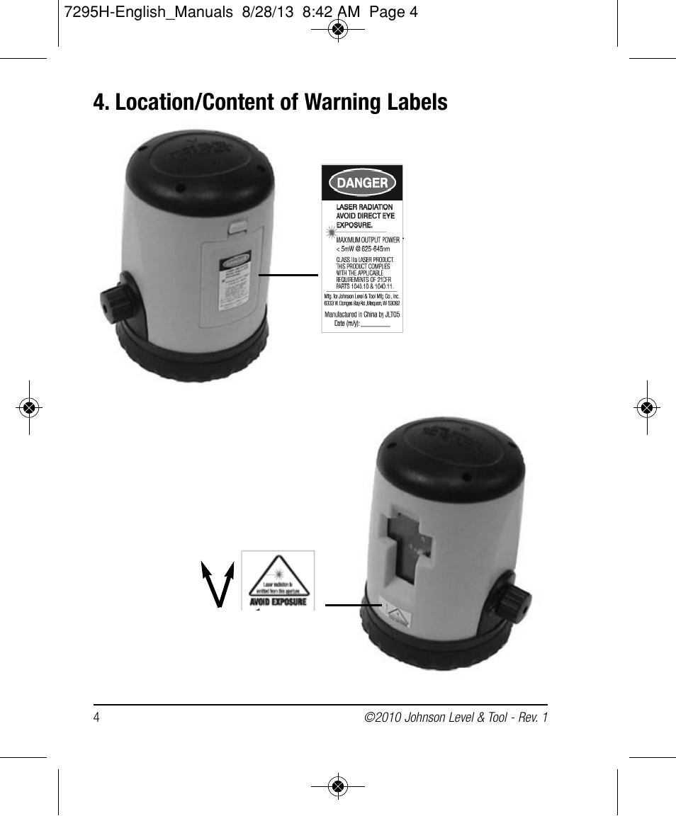 Location/content of warning labels | Johnson Level & Tool Mfg. 40-0921 User Manual | Page 4 / 14