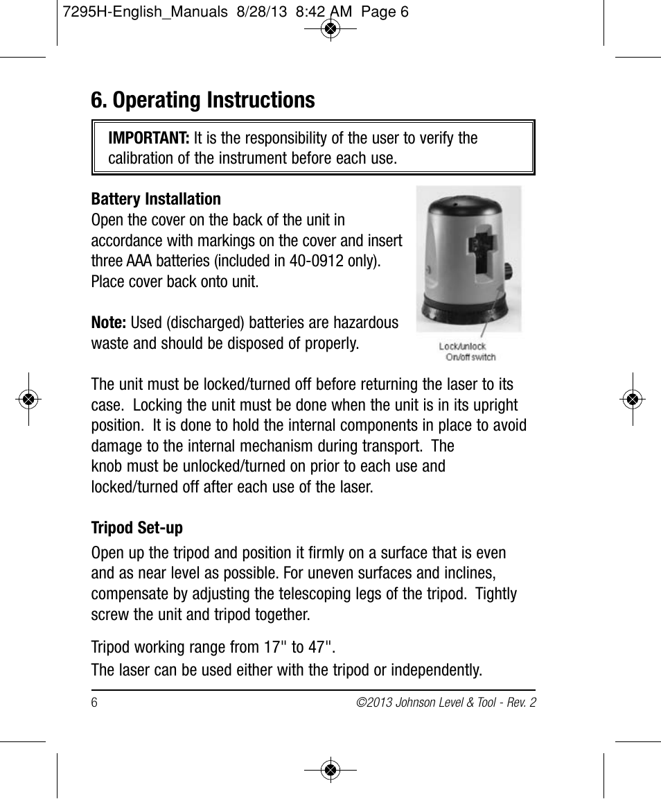 Operating instructions | Johnson Level & Tool Mfg. 40-0921 User Manual | Page 6 / 14