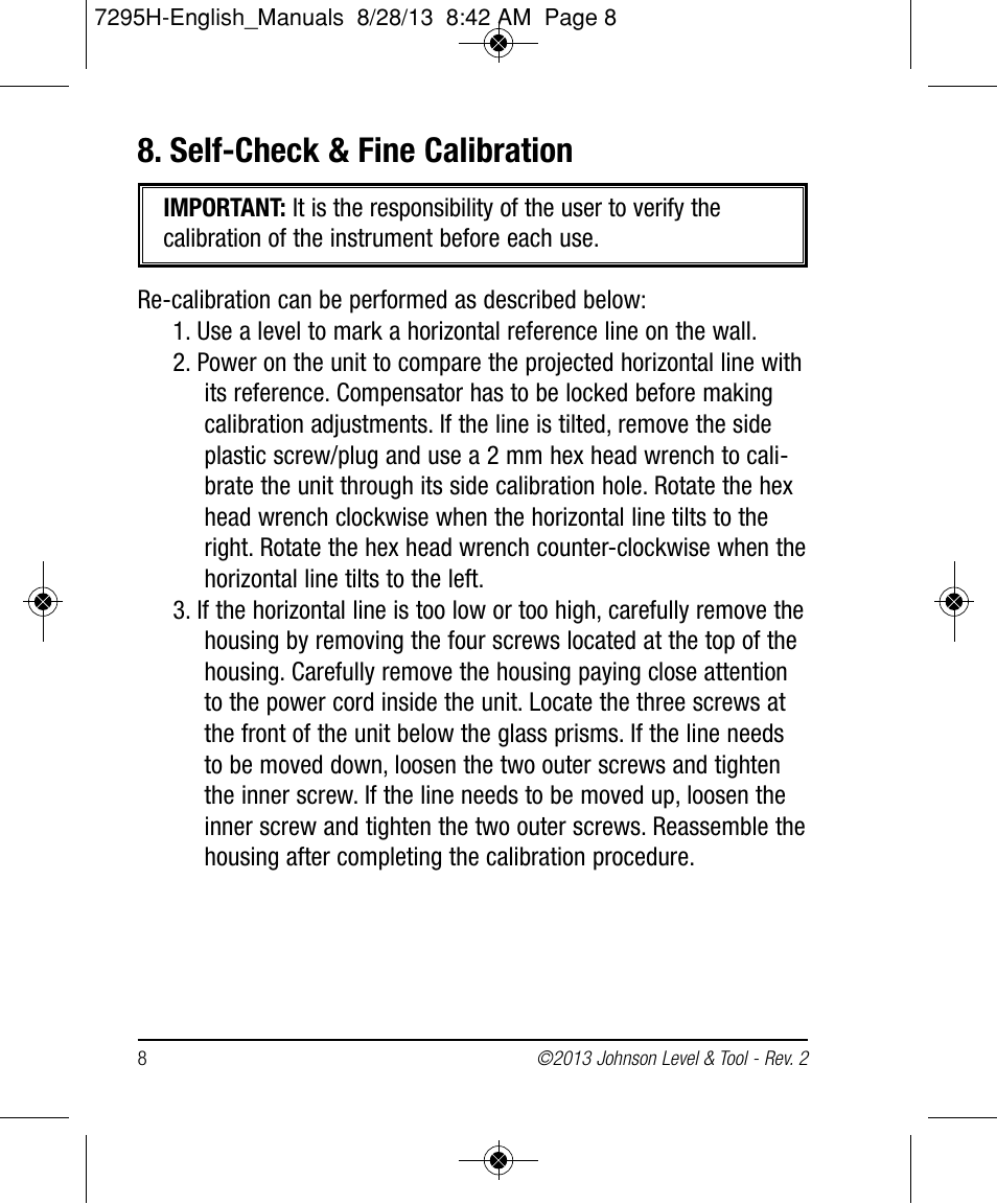 Self-check & fine calibration | Johnson Level & Tool Mfg. 40-0921 User Manual | Page 8 / 14