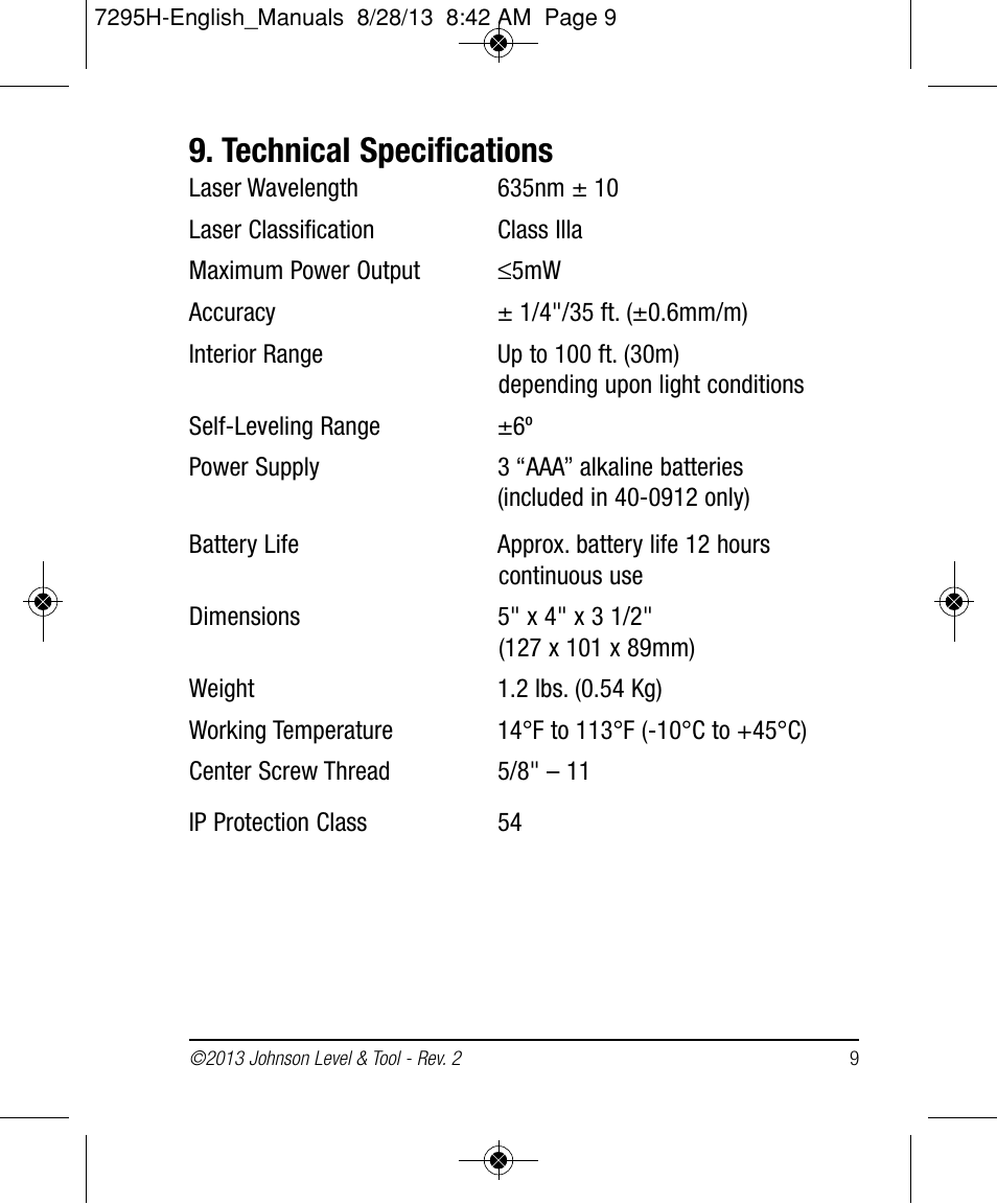 Technical specifications | Johnson Level & Tool Mfg. 40-0921 User Manual | Page 9 / 14