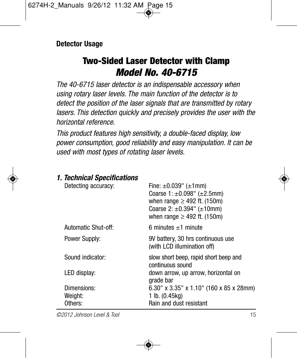 Two-sided laser detector with clamp | Johnson Level & Tool Mfg. 40-6584 User Manual | Page 15 / 28