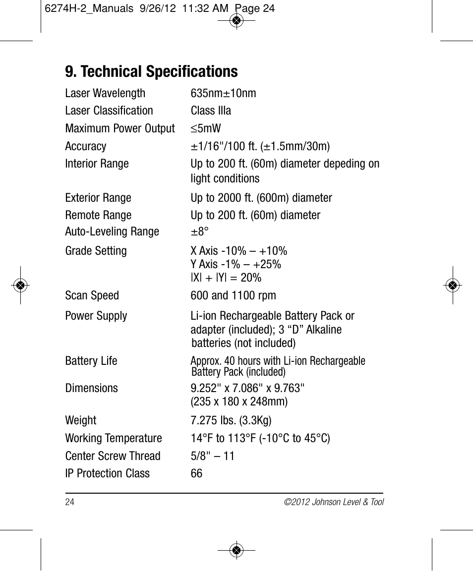 Technical specifications | Johnson Level & Tool Mfg. 40-6584 User Manual | Page 24 / 28
