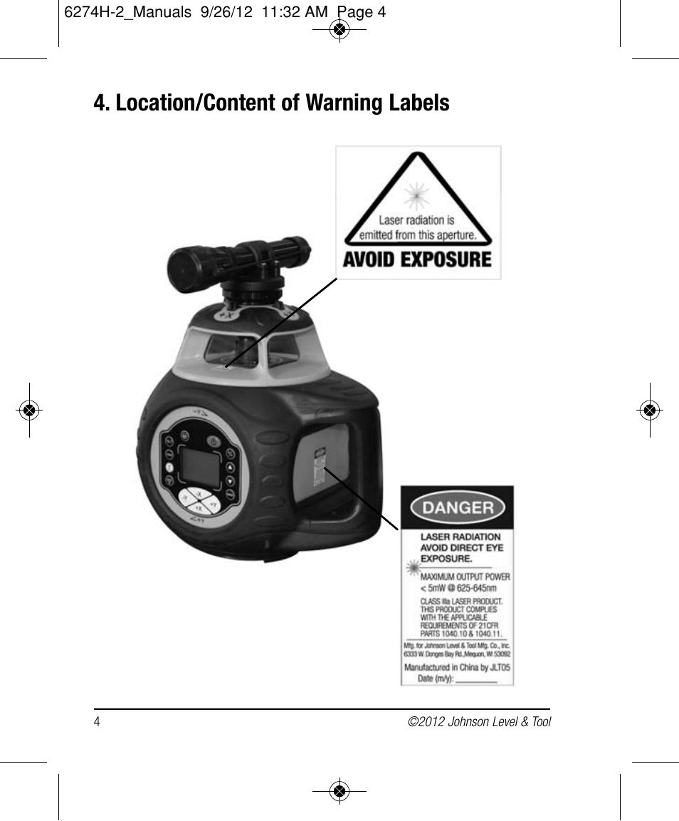 Location/content of warning labels | Johnson Level & Tool Mfg. 40-6584 User Manual | Page 4 / 28