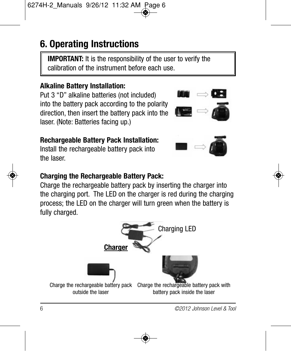 Operating instructions | Johnson Level & Tool Mfg. 40-6584 User Manual | Page 6 / 28