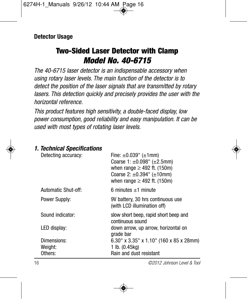 Two-sided laser detector with clamp | Johnson Level & Tool Mfg. 40-6582 User Manual | Page 16 / 30