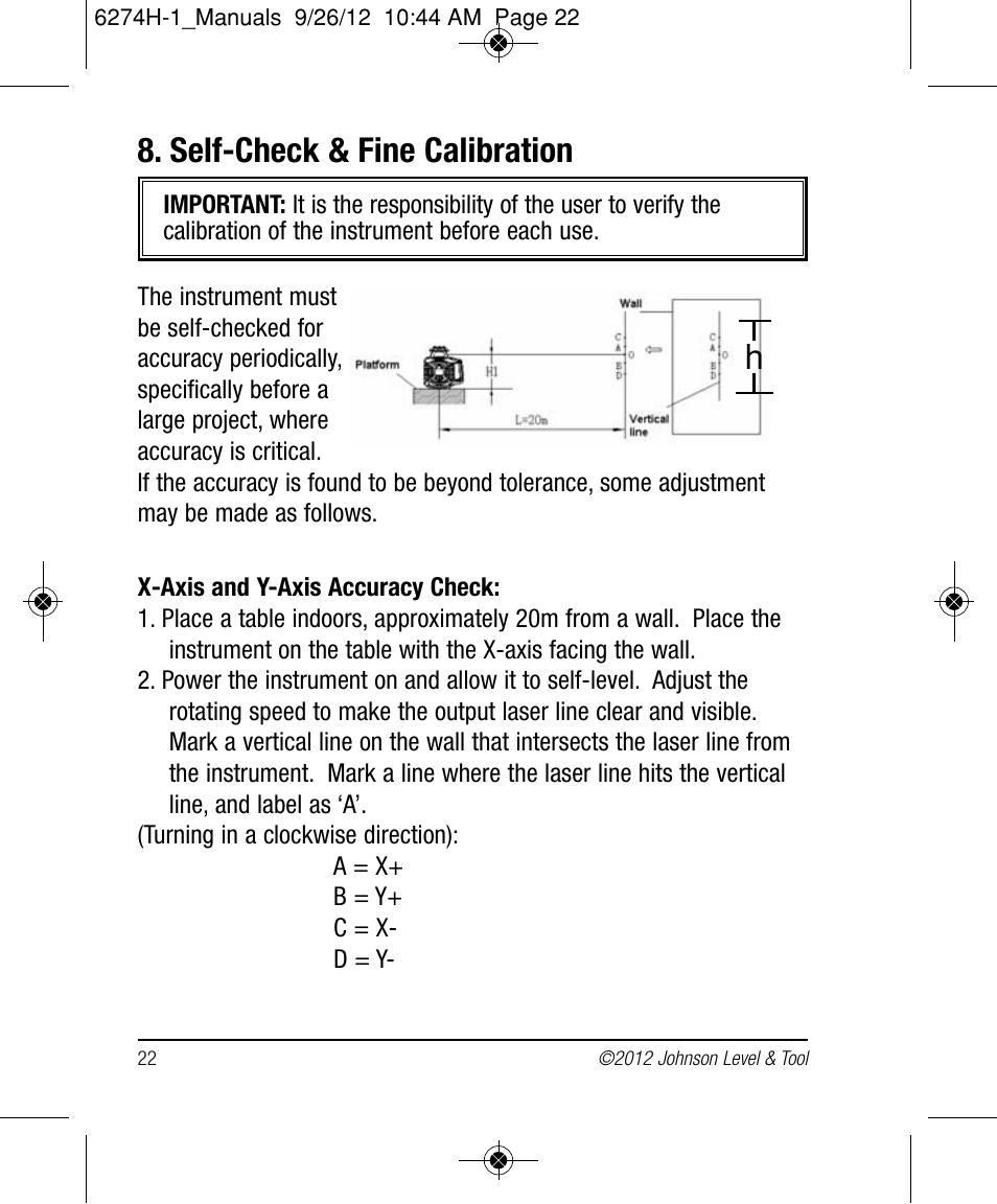 Self-check & fine calibration | Johnson Level & Tool Mfg. 40-6582 User Manual | Page 22 / 30