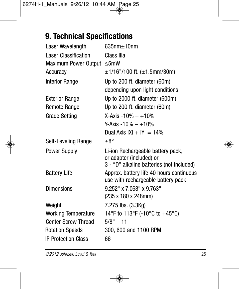 Technical specifications | Johnson Level & Tool Mfg. 40-6582 User Manual | Page 25 / 30
