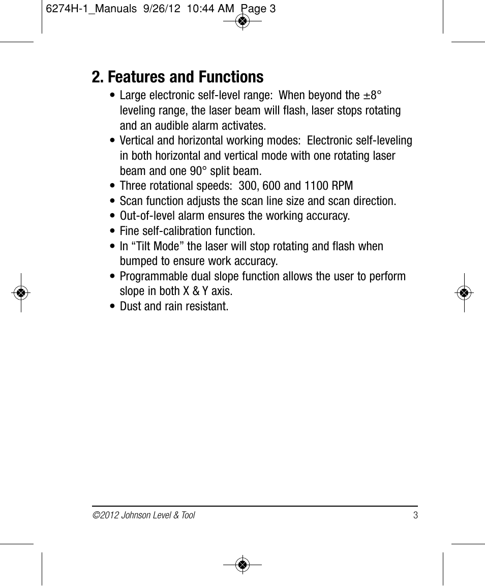 Features and functions | Johnson Level & Tool Mfg. 40-6582 User Manual | Page 3 / 30