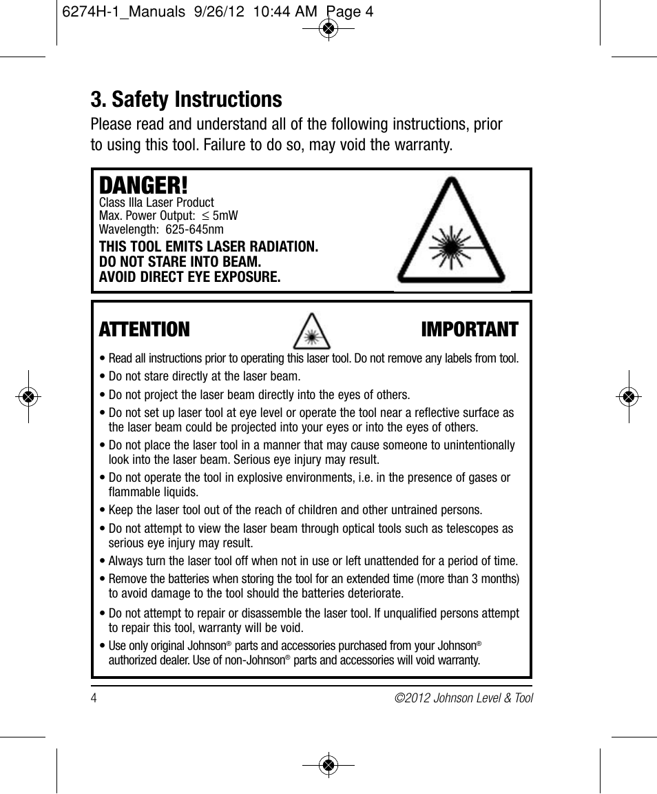 Danger, Safety instructions, Attention important | Johnson Level & Tool Mfg. 40-6582 User Manual | Page 4 / 30