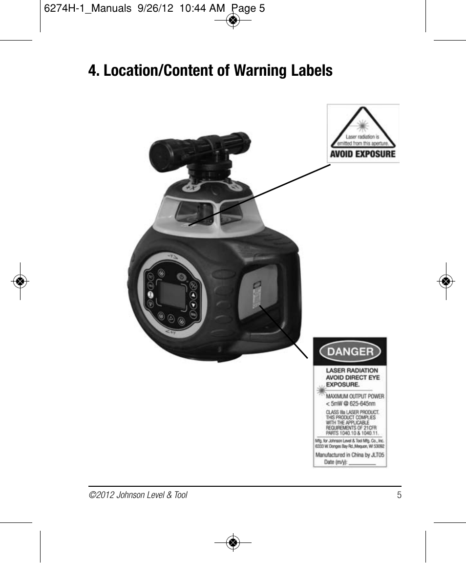 Location/content of warning labels | Johnson Level & Tool Mfg. 40-6582 User Manual | Page 5 / 30