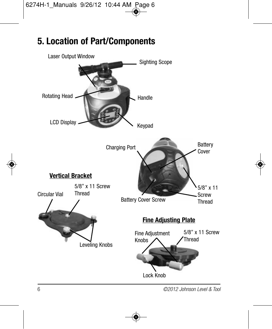 Location of part/components | Johnson Level & Tool Mfg. 40-6582 User Manual | Page 6 / 30