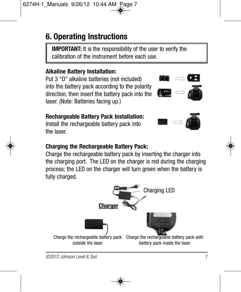 Operating instructions | Johnson Level & Tool Mfg. 40-6582 User Manual | Page 7 / 30