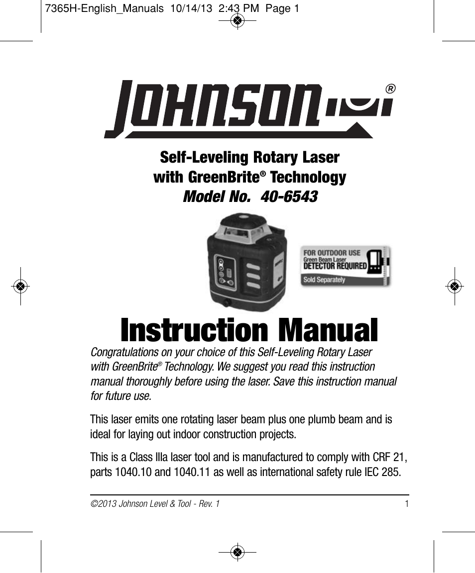 Johnson Level & Tool Mfg. 40-6543 User Manual | 20 pages