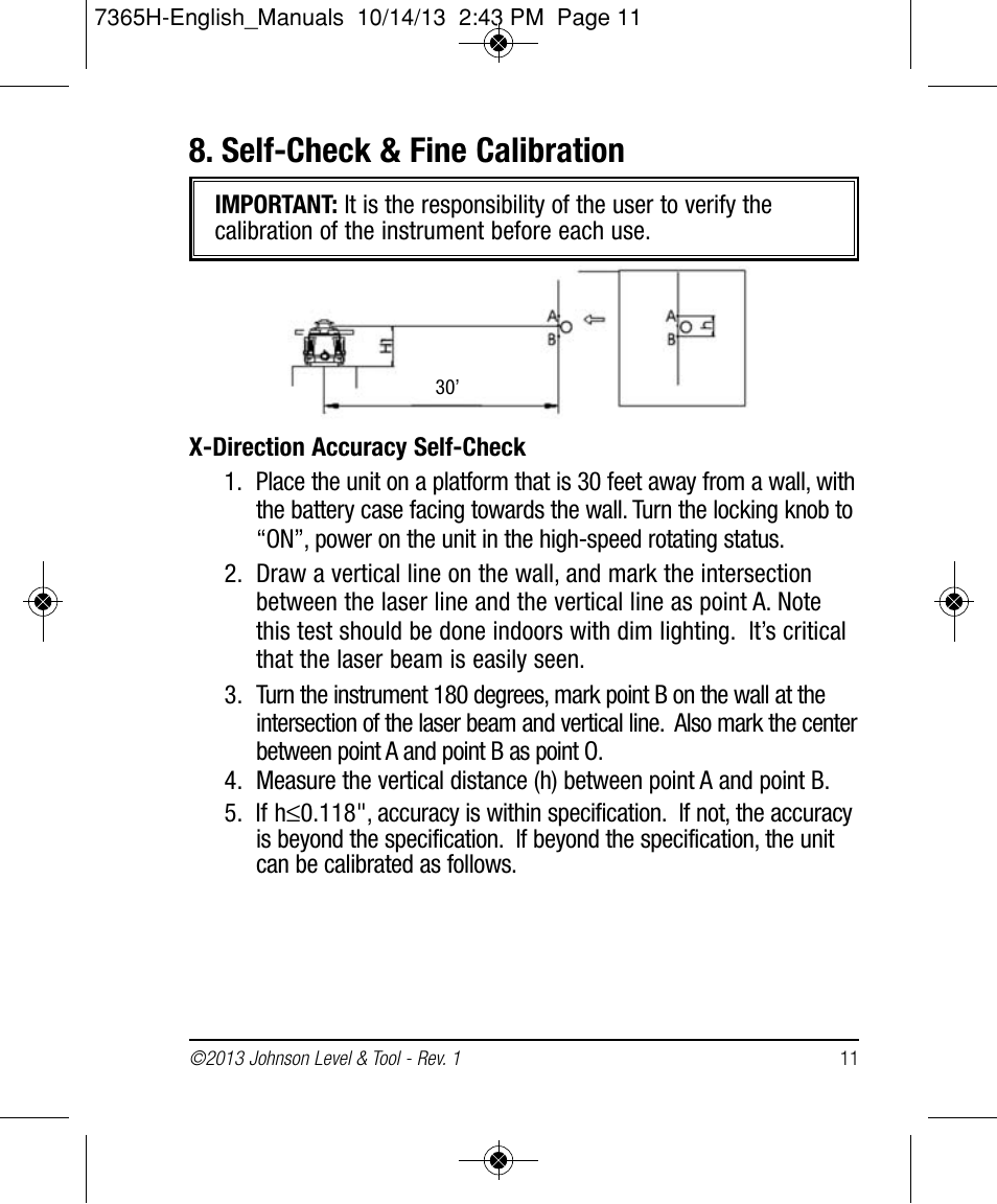 Self-check & fine calibration | Johnson Level & Tool Mfg. 40-6543 User Manual | Page 11 / 20