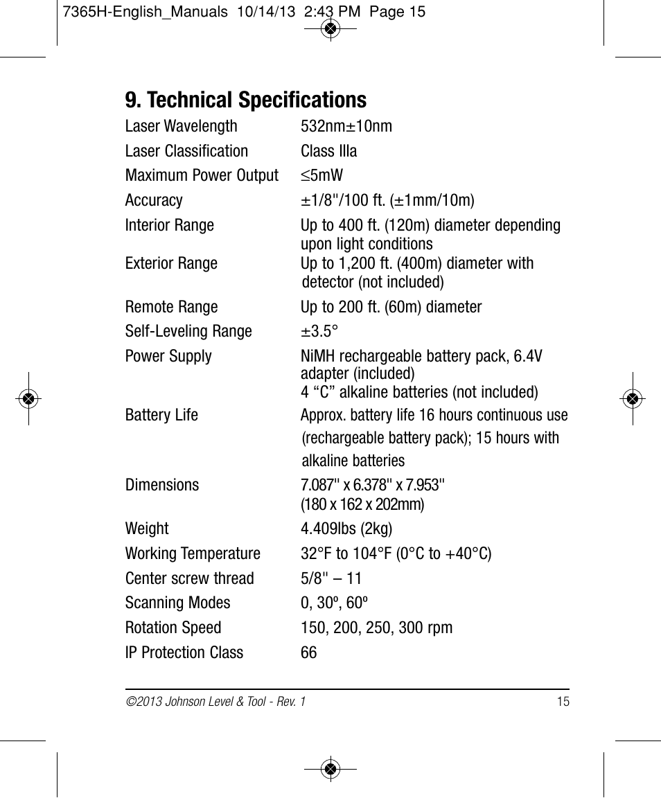 Technical specifications | Johnson Level & Tool Mfg. 40-6543 User Manual | Page 15 / 20