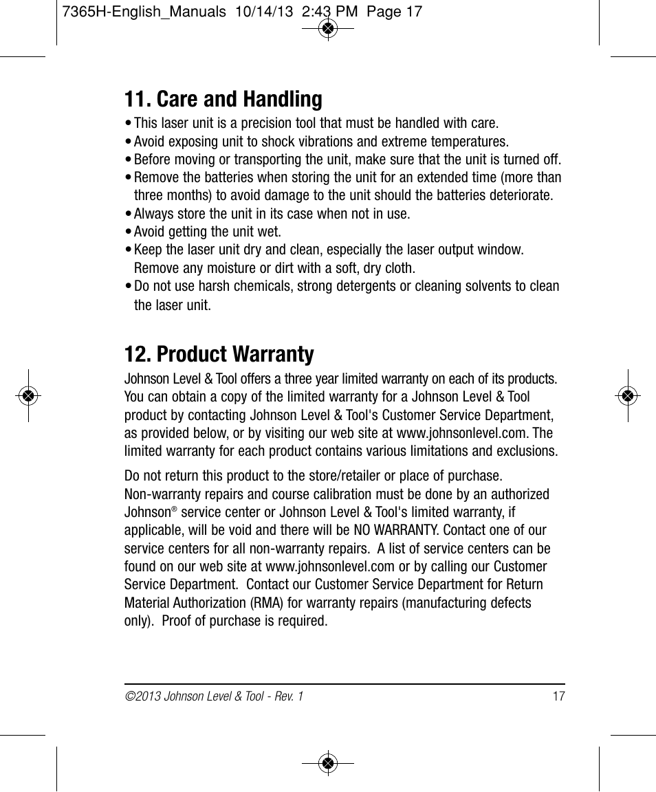 Care and handling, Product warranty | Johnson Level & Tool Mfg. 40-6543 User Manual | Page 17 / 20