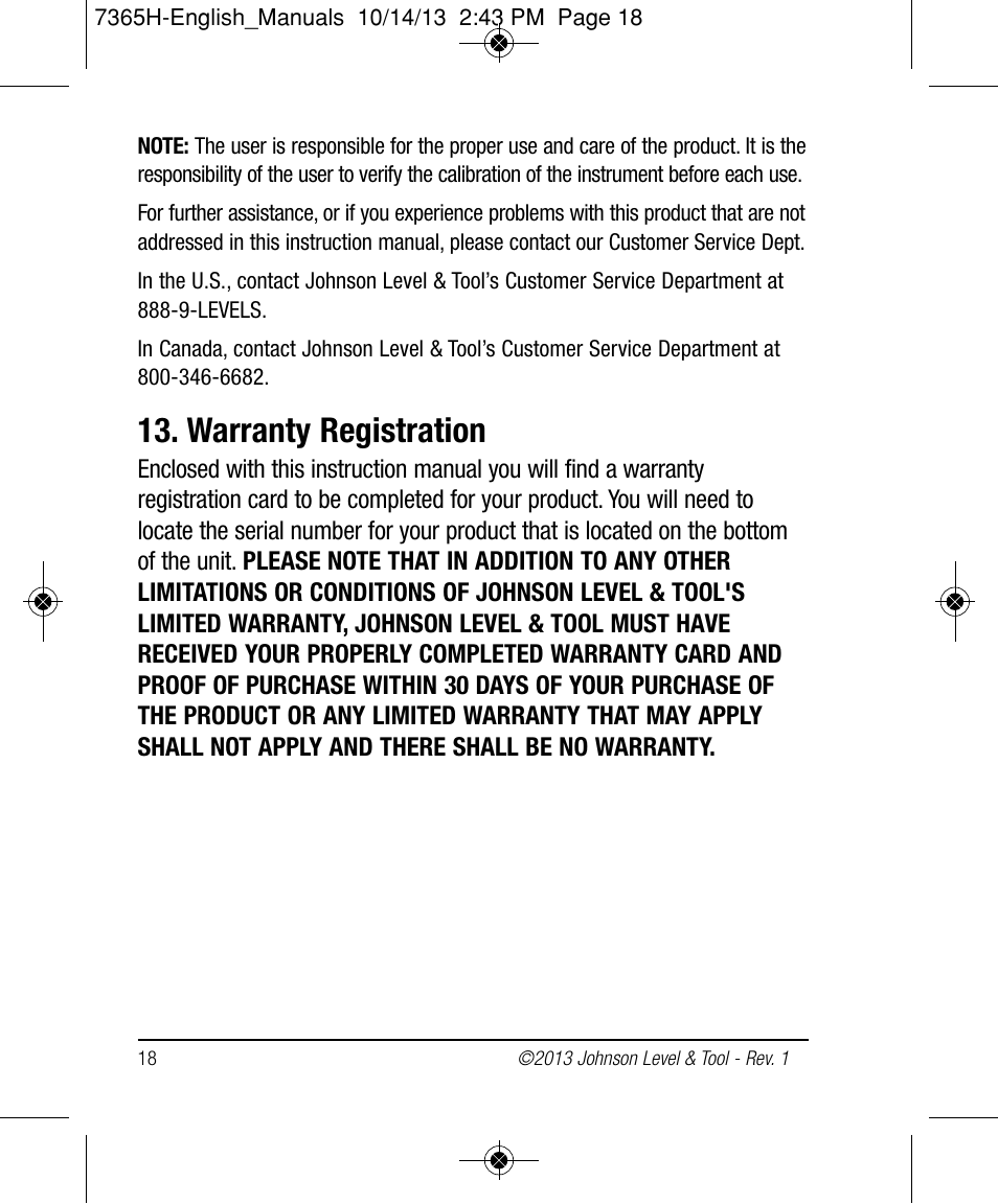 Warranty registration | Johnson Level & Tool Mfg. 40-6543 User Manual | Page 18 / 20