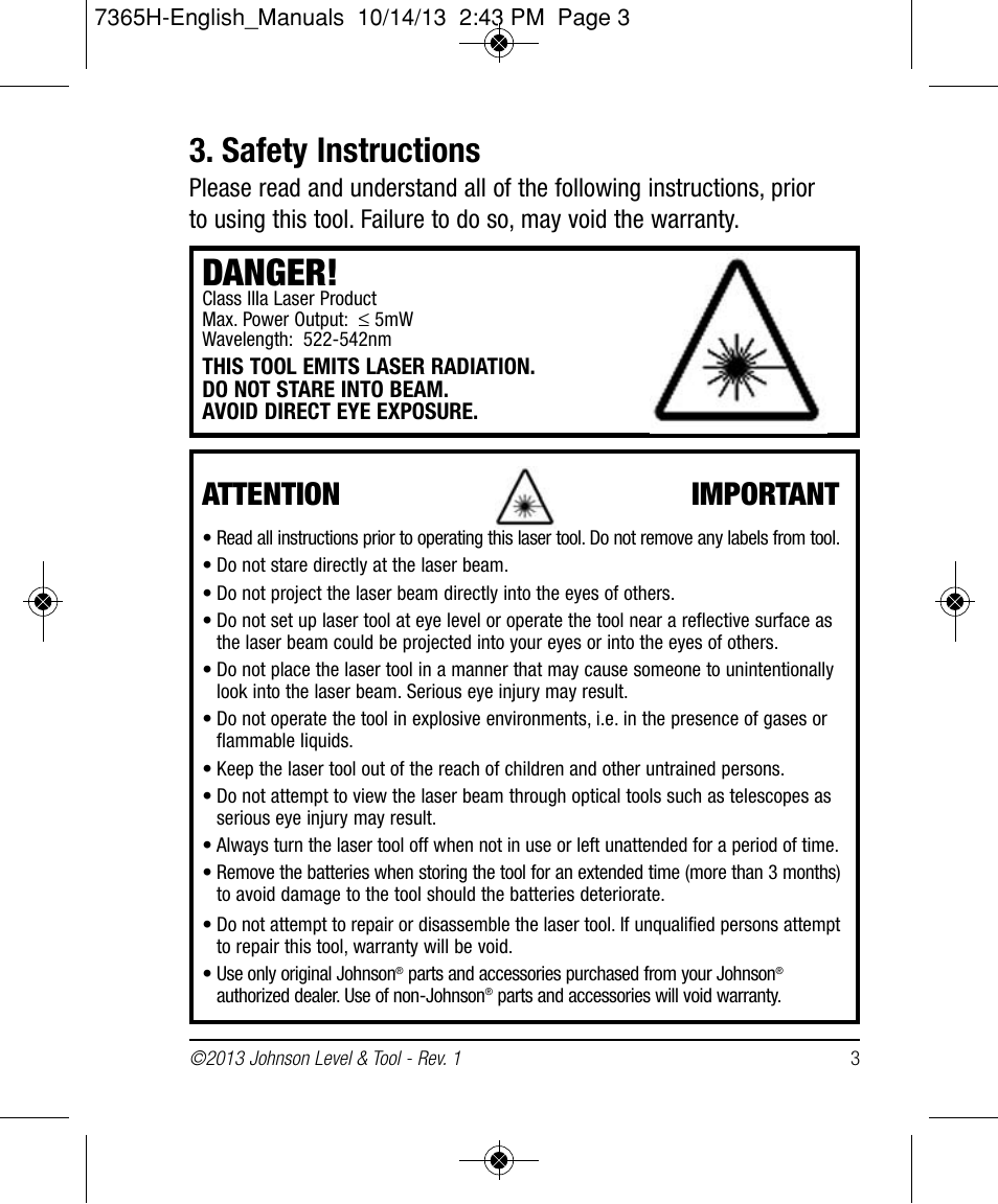 Danger, Safety instructions, Attention important | Johnson Level & Tool Mfg. 40-6543 User Manual | Page 3 / 20