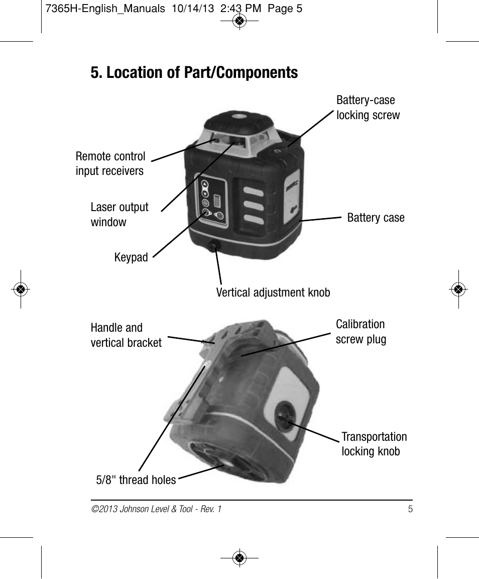 Location of part/components | Johnson Level & Tool Mfg. 40-6543 User Manual | Page 5 / 20