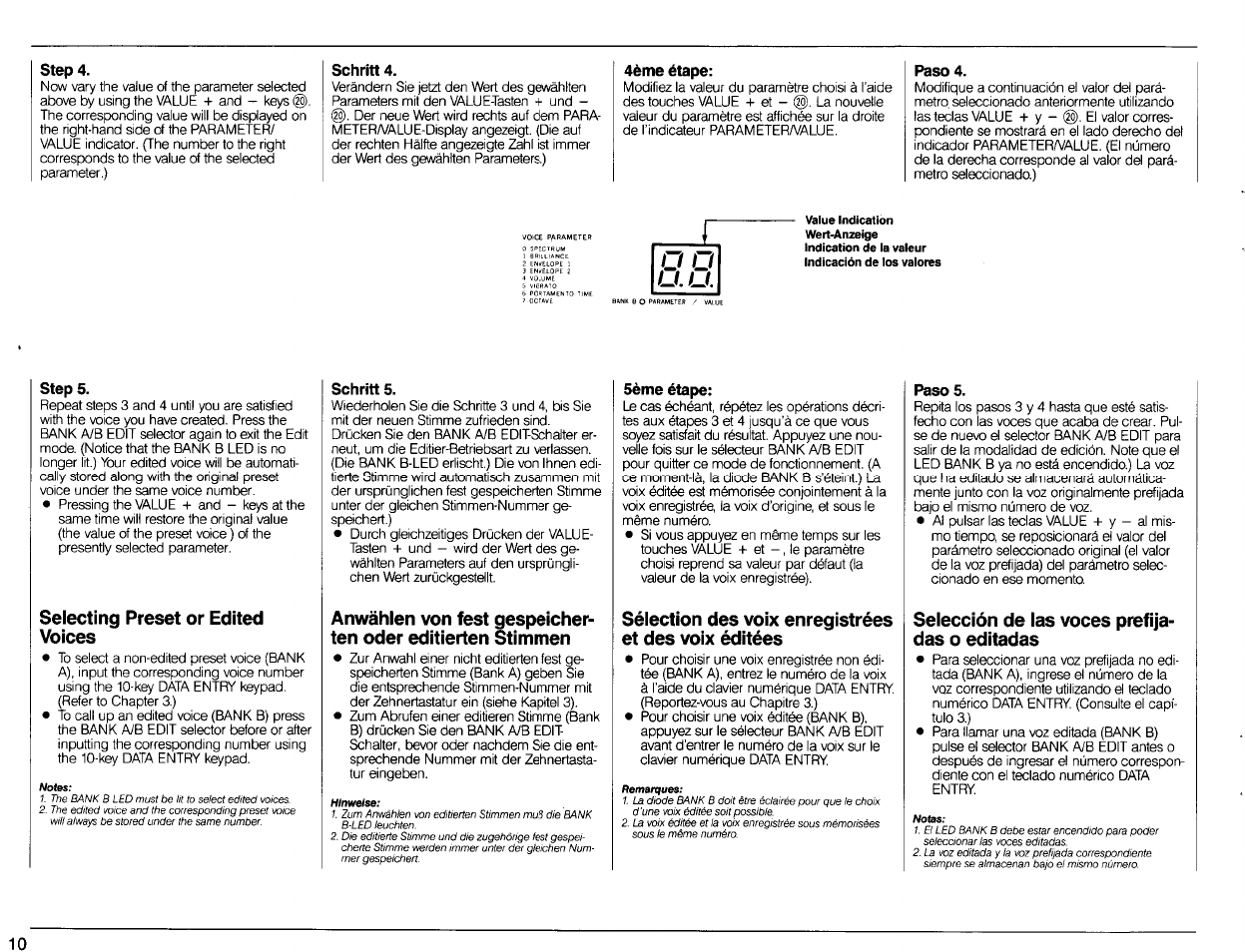 Step 4, Schritt 4, 4ème étape | Paso 4, Step 5, Selecting preset or edited voices, Schritt 5, Anwählen von fest ten oder editierten, Sème étape, Paso 5 | Yamaha DSR-500 User Manual | Page 12 / 32