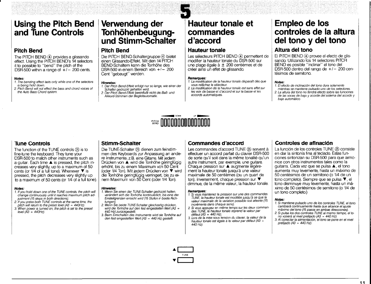 Pitch bend, Tune controls, Hauteur tonale | Stimm-schalter, Commandes d’accord, Altura del tono, Controles de afinación, Und stimm-schalter, Commandes d'accord, Using the pitch bend and tune controls | Yamaha DSR-500 User Manual | Page 13 / 32