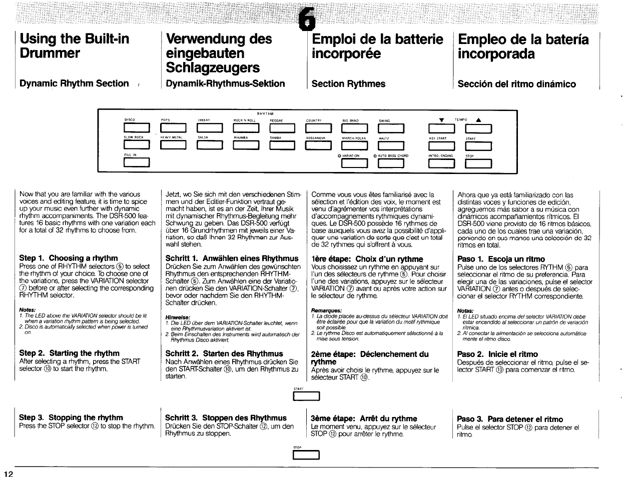 Verwendung des, Eingebauten, Schlagzeugers | Dynamik-rhythmus-sektion, Emploi de la batterie incorporée, Section rythmes, Empleo de la batería incorporada, Sección dei ritmo dinámico, Step 1. choosing a rhythm, Step 2. starting the rhythm | Yamaha DSR-500 User Manual | Page 14 / 32
