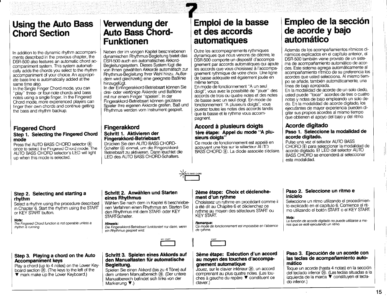 Fingered chord, Fingerakkord, Acorde digitado | Vena/endung der auto bass chord- funktionen, Emploi de la basse et des accords automatiques, Empleo de la sección de acorde y bajo automático, Accord à plusieurs doigts | Yamaha DSR-500 User Manual | Page 17 / 32