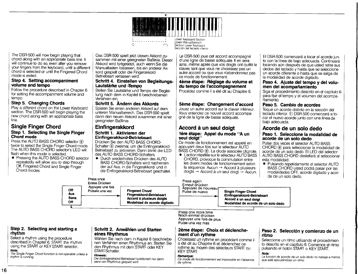 Single finger chord, Einfingerakkord, Accord à un seul doigt | Acorde de un solo dedo | Yamaha DSR-500 User Manual | Page 18 / 32