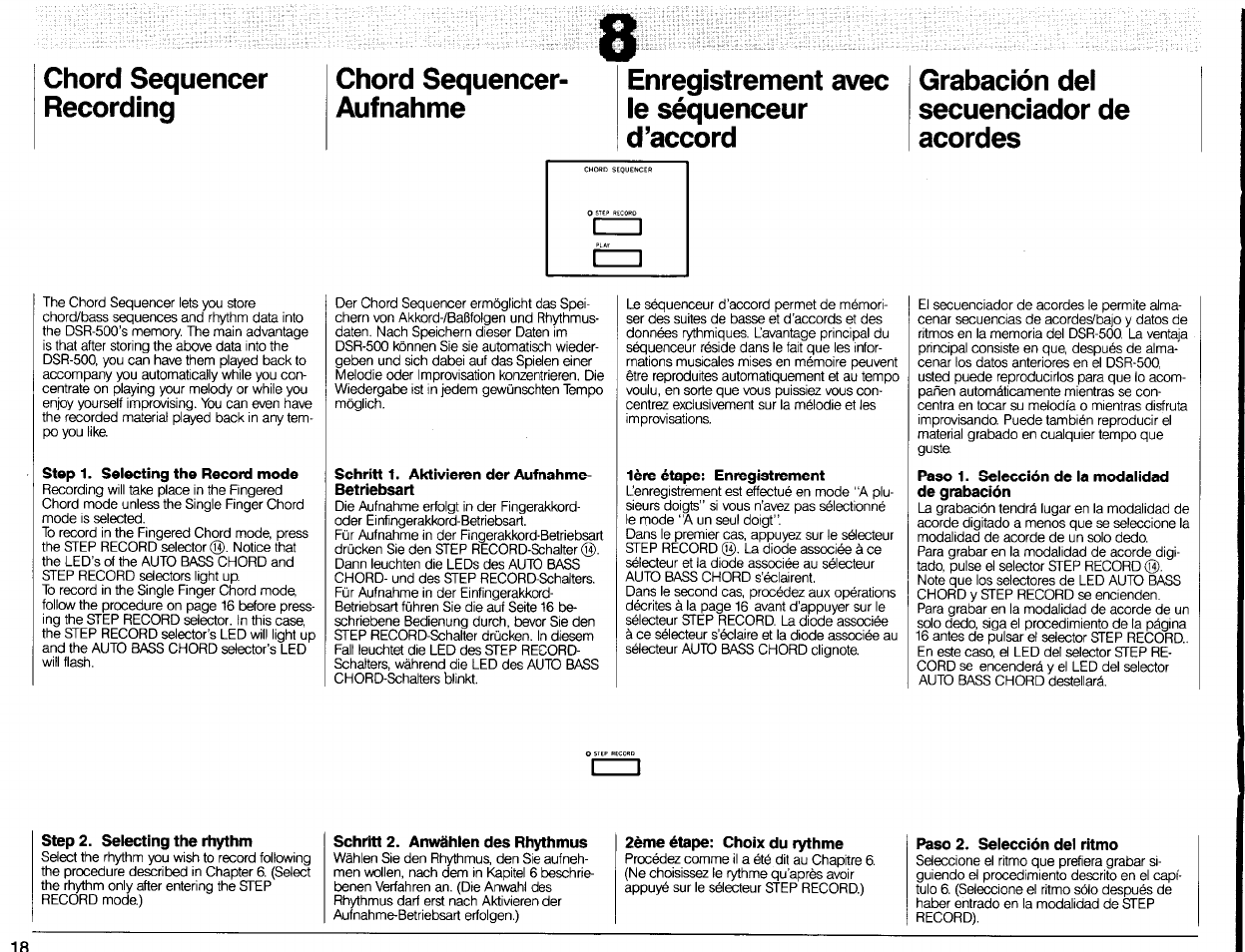 Step 1. selecting the record mode, Step 2. selecting the rhythm, Schritt 1. aktivieren der aufnahme- betriebsart | Schritt 2. anwählen des rhythmus, 1ère étape: enfegistrement, 2ème étape: choix du rythme, Paso 1. selección de la modalidad de grabación, Paso 2. selección del ritmo, Chord sequencer recording, Grabación del secuenciador de acordes | Yamaha DSR-500 User Manual | Page 20 / 32