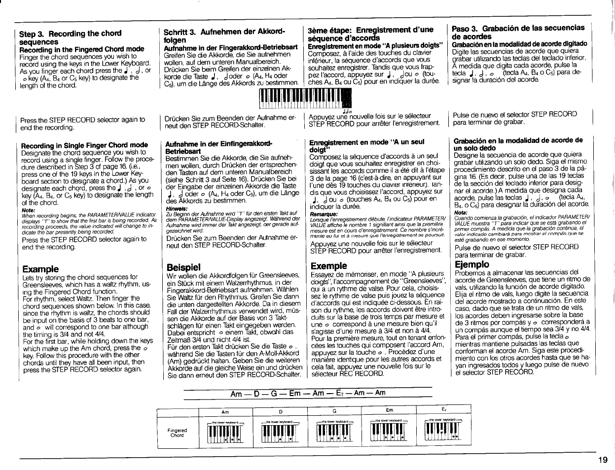 Recording in single finger chord mode, Example, Aufnahme in der einfingerakkoid- betriebsart | Beispiel, Enregistrement en mode “a un seul doigt, Exemple, Ejemplo | Yamaha DSR-500 User Manual | Page 21 / 32