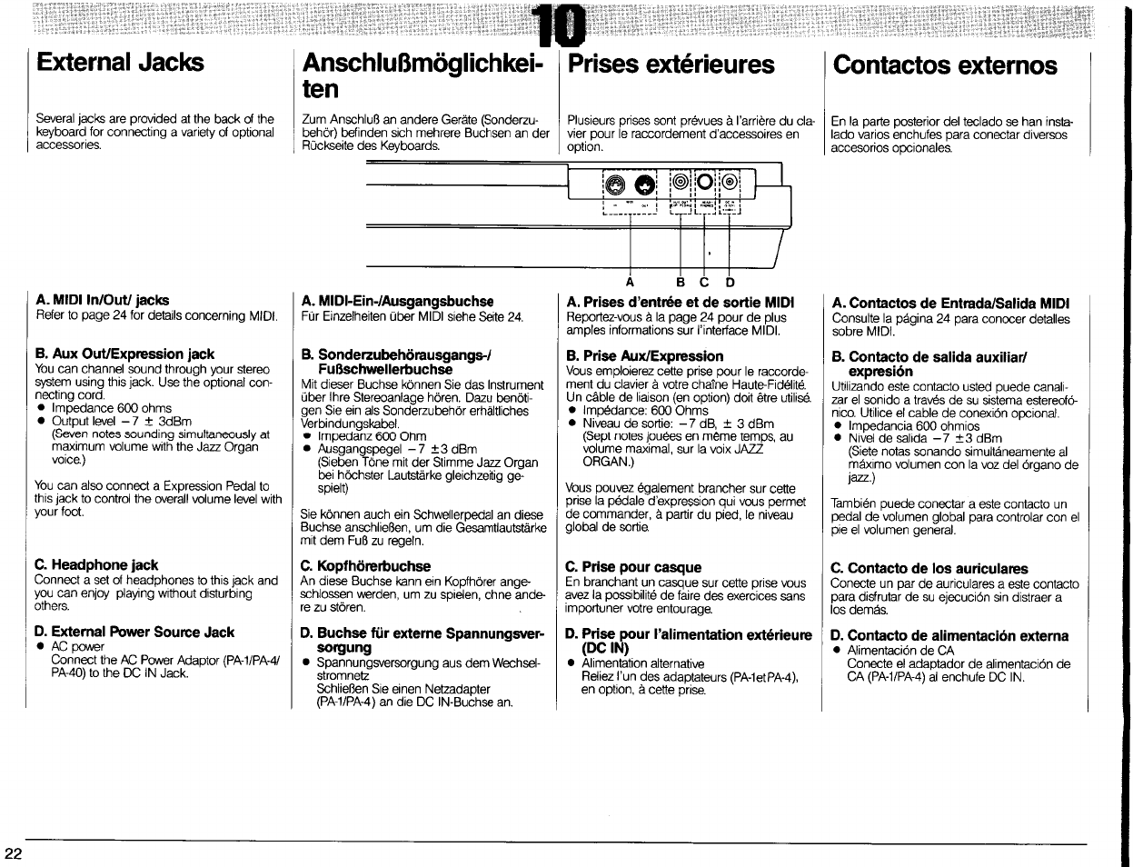 External jacks, A. midi in/out/ jacks, B. aux out/expression jack | C. headphone jack, D. external power source jack, Anschlußmöglichkei, Prises extérieures, A. midi-ein-/ausgangsbuchse, B. sonderzubehörausgangs-/ fußschwellerbuchse, C. kopfhörerbuchse | Yamaha DSR-500 User Manual | Page 24 / 32