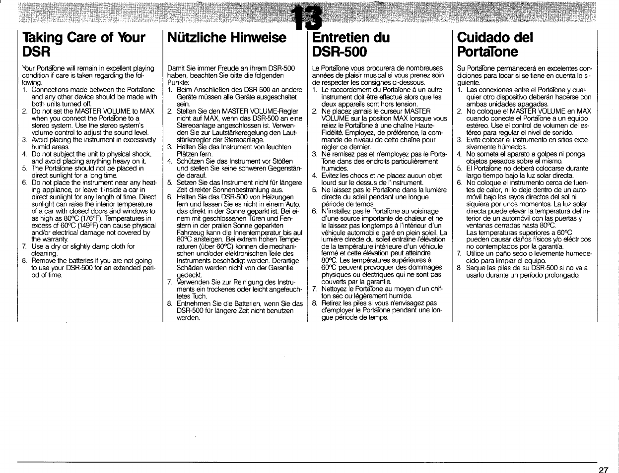 Entretien du dsr-500, Cuidado del portatone, Taking care of vbur dsr | Nützliche hinweise | Yamaha DSR-500 User Manual | Page 29 / 32