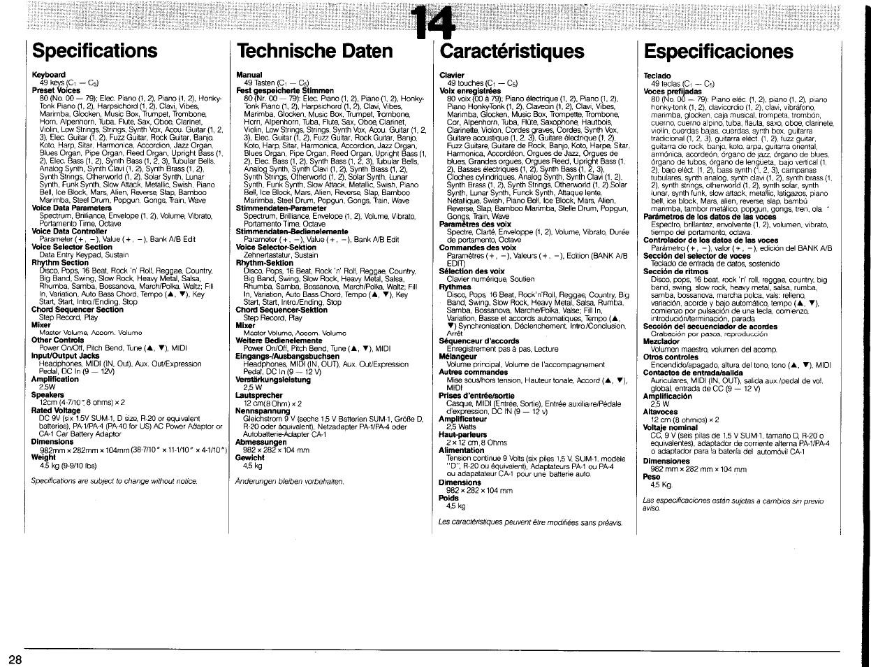 Specifications, Technische daten, Caractéristiques | Especificaciones | Yamaha DSR-500 User Manual | Page 30 / 32