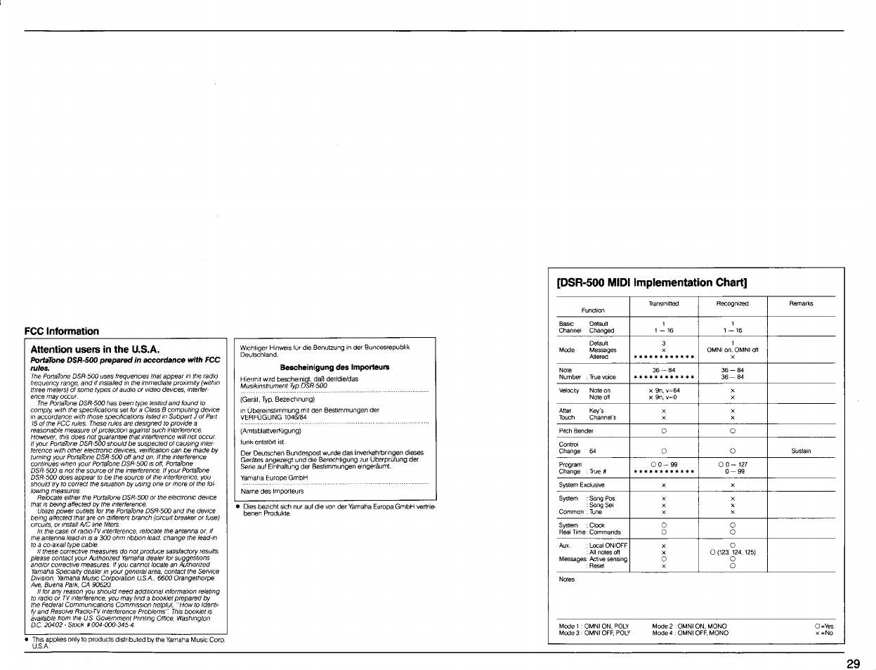 Fcc information, Attention users in the u.s.a, Fcc information attention users in the u.s.a | Dsr-500 midi implementation chart | Yamaha DSR-500 User Manual | Page 31 / 32