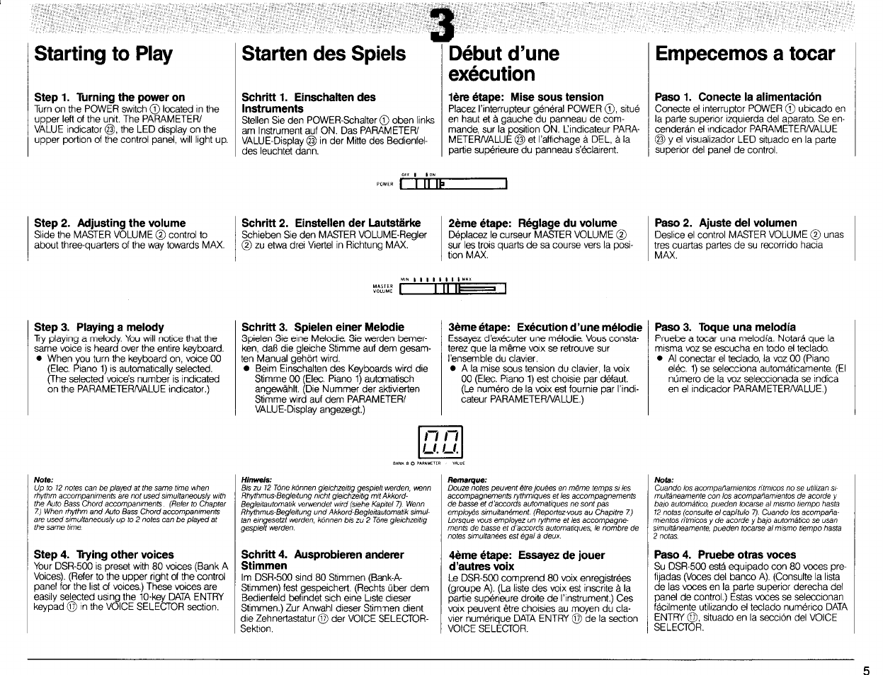 Starting to play, Step 1. turning the power on, Starten des spiels | Schritt 1. einschalten des instruments, Début d’une exécution, 1ère étape: mise sous tension, Empecemos a tocar, Paso 1. conecte la alimentación, Step 2. adjusting the volume, Schritt 2. einstellen der lautstärke | Yamaha DSR-500 User Manual | Page 7 / 32