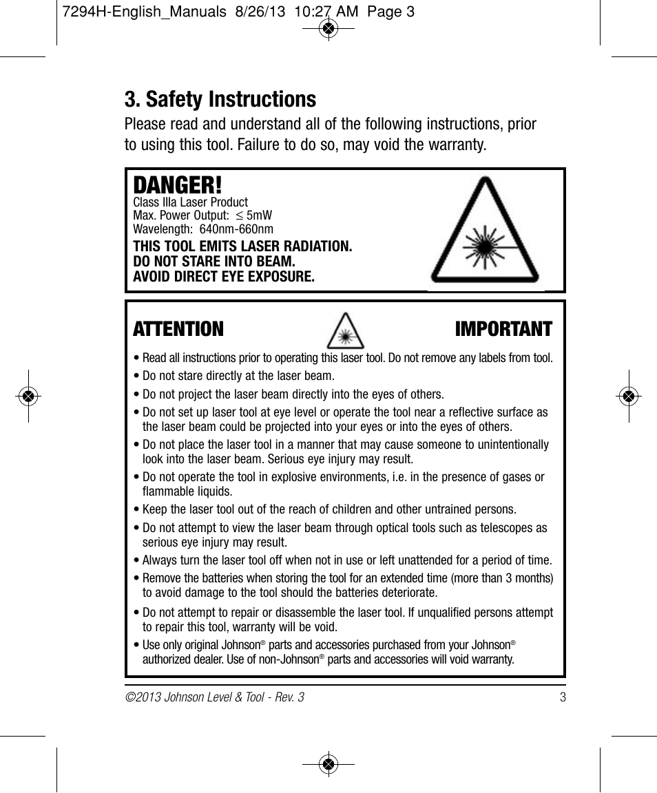 Danger, Safety instructions, Attention important | Johnson Level & Tool Mfg. 40-0918 User Manual | Page 3 / 14