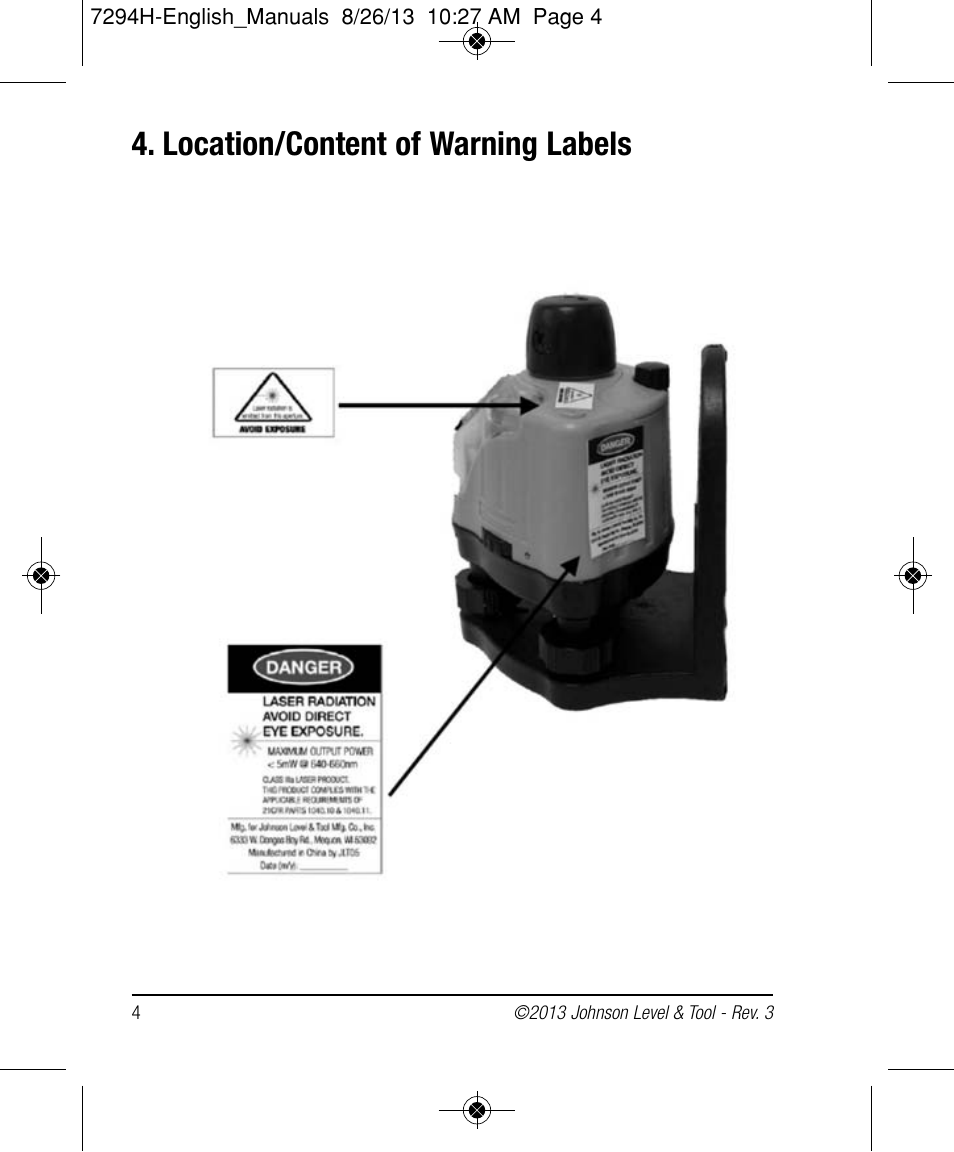 Location/content of warning labels | Johnson Level & Tool Mfg. 40-0918 User Manual | Page 4 / 14