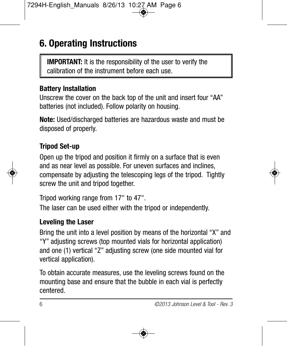 Operating instructions | Johnson Level & Tool Mfg. 40-0918 User Manual | Page 6 / 14