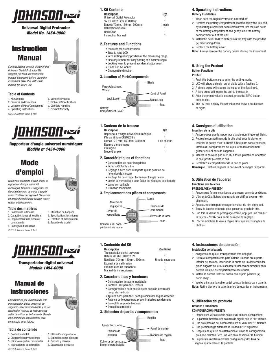 Johnson Level & Tool Mfg. 1454-0000 User Manual | 2 pages