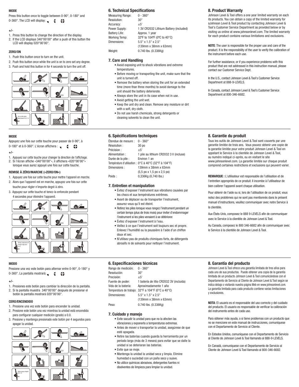 Technical specifications, Product warranty, Spécifications techniques | Garantie du produit, Especificaciones técnicas, Garantía del producto | Johnson Level & Tool Mfg. 1454-0000 User Manual | Page 2 / 2