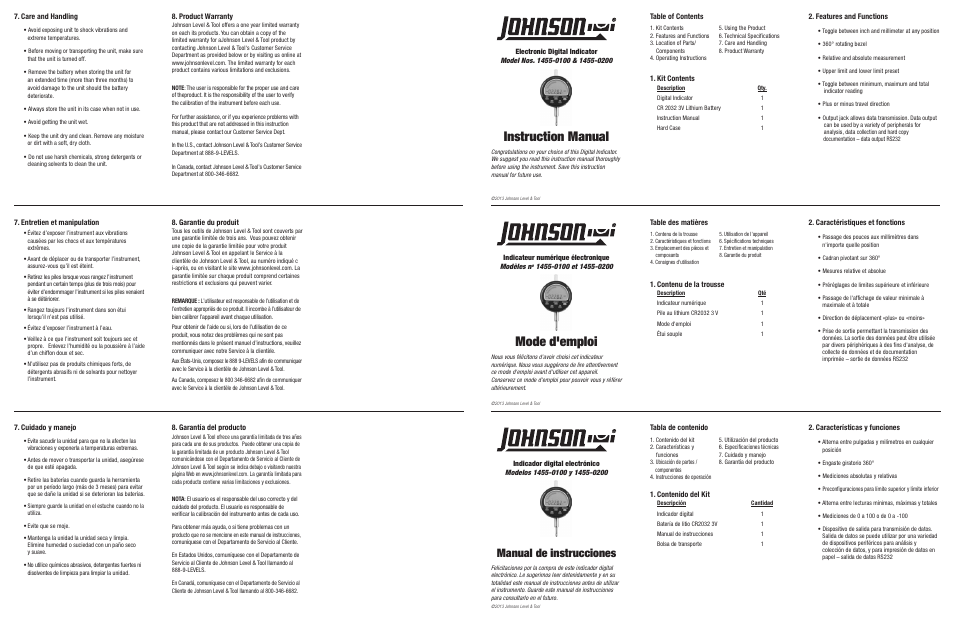 Johnson Level & Tool Mfg. 1455-0200 User Manual | 2 pages