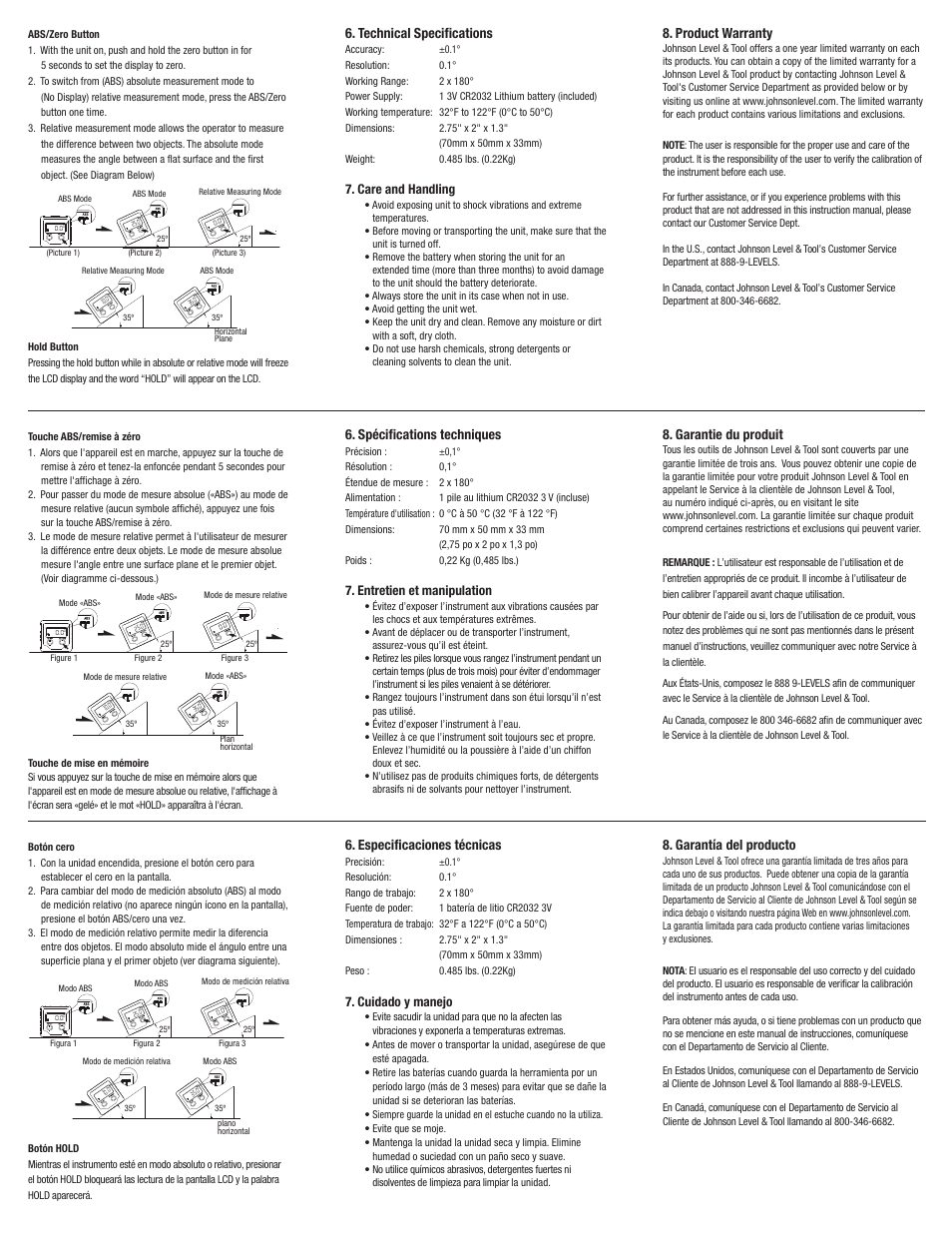 Technical specifications, Product warranty, Spécifications techniques | Garantie du produit, Especificaciones técnicas, Garantía del producto, Care and handling, Entretien et manipulation, Cuidado y manejo | Johnson Level & Tool Mfg. 1886-0400 User Manual | Page 2 / 2